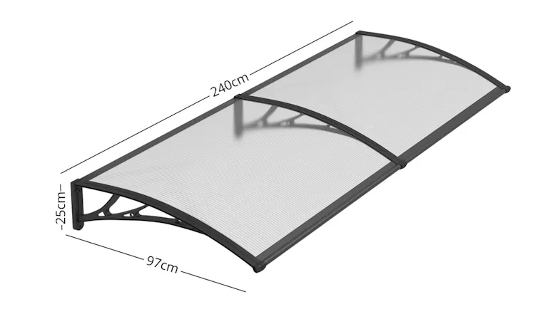 Curved awning with dimensions labelled: 240 cm length, 97 cm width, 25 cm height Curved awning with dimensions labelled: 240 cm length, 97 cm width, 25 cm height