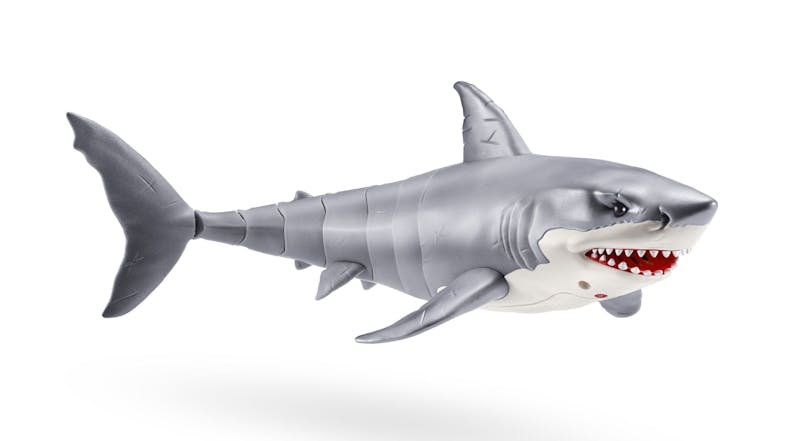 A side view of a great white shark robotic pet toy A side view of a great white shark robotic pet toy