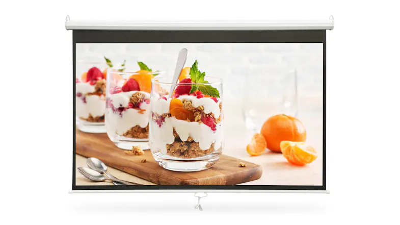 Projector screen displaying three dessert parfaits with fruit and granola Projector screen displaying three dessert parfaits with fruit and granola