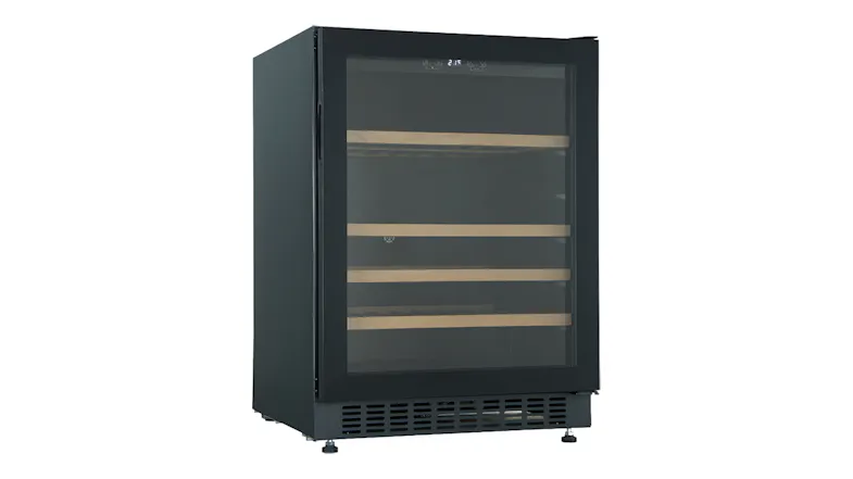 A sleek black Robinhood Wine Fridge with a tinted glass door and four wooden shelves A sleek black Robinhood Wine Fridge with a tinted glass door and four wooden shelves