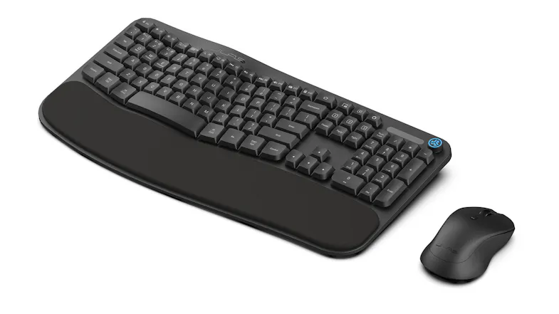 Curved ergonomic keyboard and mouse with blue logo accents Curved ergonomic keyboard and mouse with blue logo accents