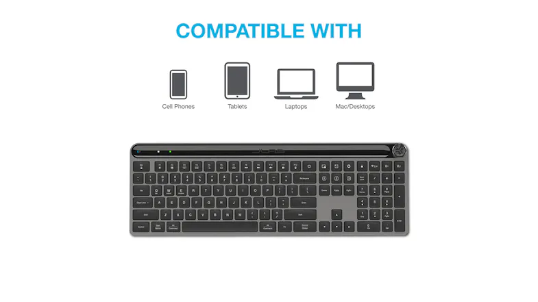 Compatibility chart showing the JLab keyboard with phones, tablets, laptops, and desktops Compatibility chart showing the JLab keyboard with phones, tablets, laptops, and desktops