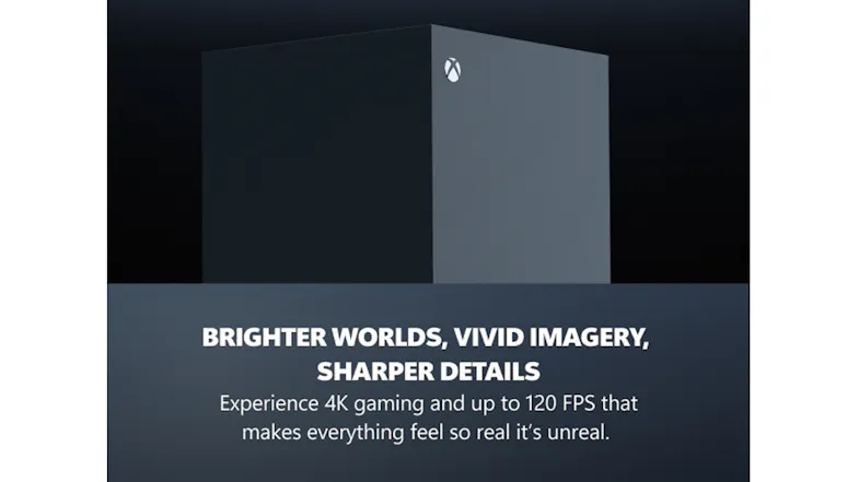 Marketing graphic showcasing the Xbox Series X, text reads “BRIGHTER WORLDS, VIVID IMAGERY, SHARPER DETAILS” Marketing graphic showcasing the Xbox Series X, text reads “BRIGHTER WORLDS, VIVID IMAGERY, SHARPER DETAILS”