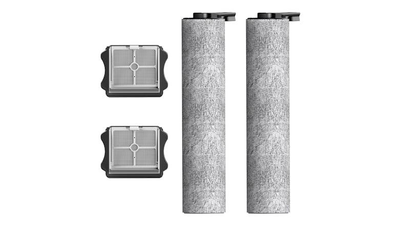 Two Tineco brush rollers and two HEPA filters for FLOOR ONE S7 Steam, arranged vertically Two Tineco brush rollers and two HEPA filters for FLOOR ONE S7 Steam, arranged vertically