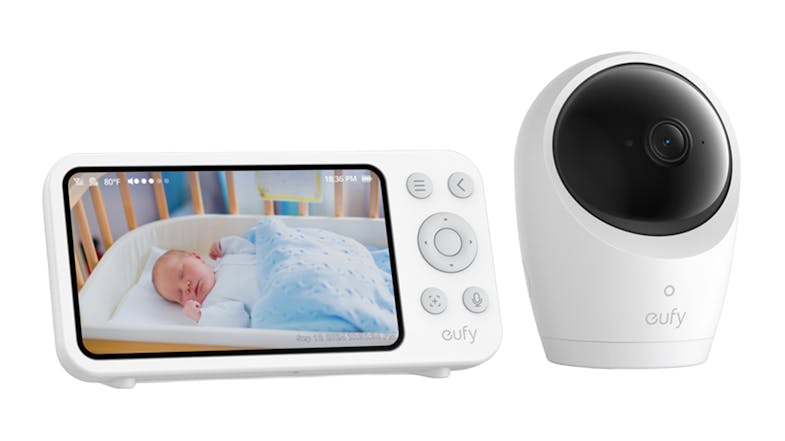Eufy E20 Baby Monitor with 5" screen and a white camera unit showing a baby sleeping in a crib Eufy E20 Baby Monitor with 5" screen and a white camera unit showing a baby sleeping in a crib