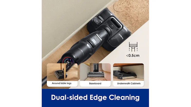 Promotional graphic of the vacuum cleaner showcasing dual-sided edge cleaning Promotional graphic of the vacuum cleaner showcasing dual-sided edge cleaning