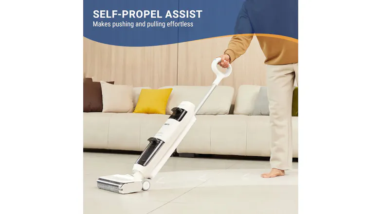 Handstick vacuum demo with self-propel assist text Handstick vacuum demo with self-propel assist text