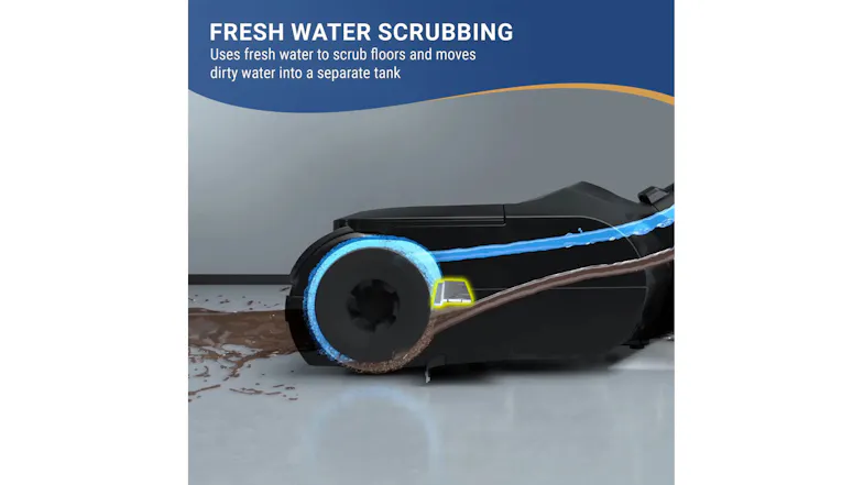Promotional graphic of the vacuum cleaner showcasing the fresh water scrubbing feature Promotional graphic of the vacuum cleaner showcasing the fresh water scrubbing feature