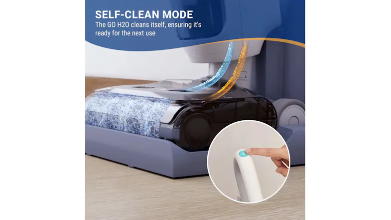 Promotional graphic of the vacuum cleaner showcasing the self-clean mode Promotional graphic of the vacuum cleaner showcasing the self-clean mode