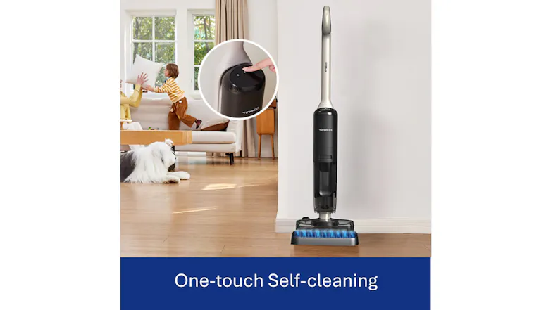 Vacuum standing upright with inset showing self-cleaning button and text "One-touch Self-cleaning." Vacuum standing upright with inset showing self-cleaning button and text "One-touch Self-cleaning."