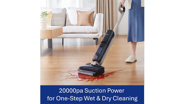 Person cleaning liquid spill on wooden floor with text "20000pa Suction Power for One-Step Wet & Dry Cleaning." Person cleaning liquid spill on wooden floor with text "20000pa Suction Power for One-Step Wet & Dry Cleaning."