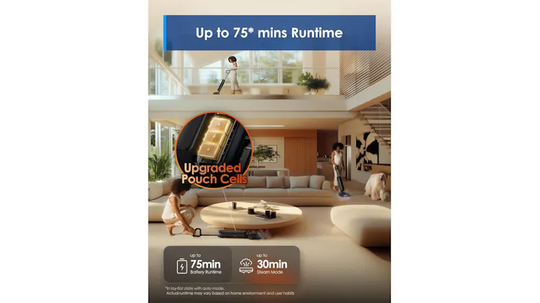 Living room scene with two people using the vacuum; text highlights 75-minute runtime and upgraded pouch cells Living room scene with two people using the vacuum; text highlights 75-minute runtime and upgraded pouch cells
