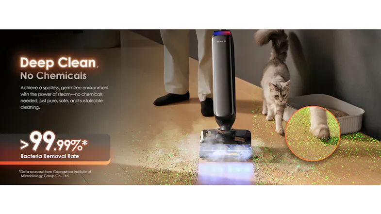 Person cleaning near cat litter box with text promoting chemical-free deep cleaning and 99% bacteria removal Person cleaning near cat litter box with text promoting chemical-free deep cleaning and 99% bacteria removal