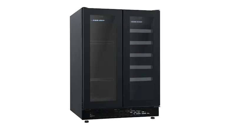 A Robinhood 120L Built-Under Double Door Bar Fridge Beverage Centre in a sleek black finish A Robinhood 120L Built-Under Double Door Bar Fridge Beverage Centre in a sleek black finish