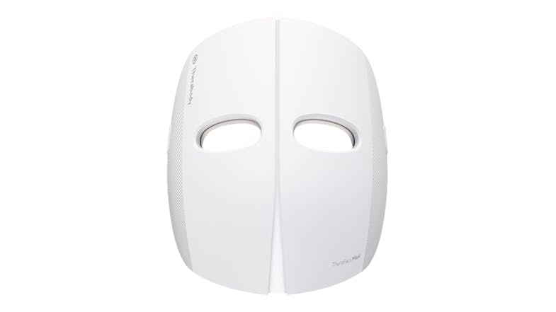 Front view of the white, split-panel LED facial mask with eye openings and light grey accent Front view of the white, split-panel LED facial mask with eye openings and light grey accent