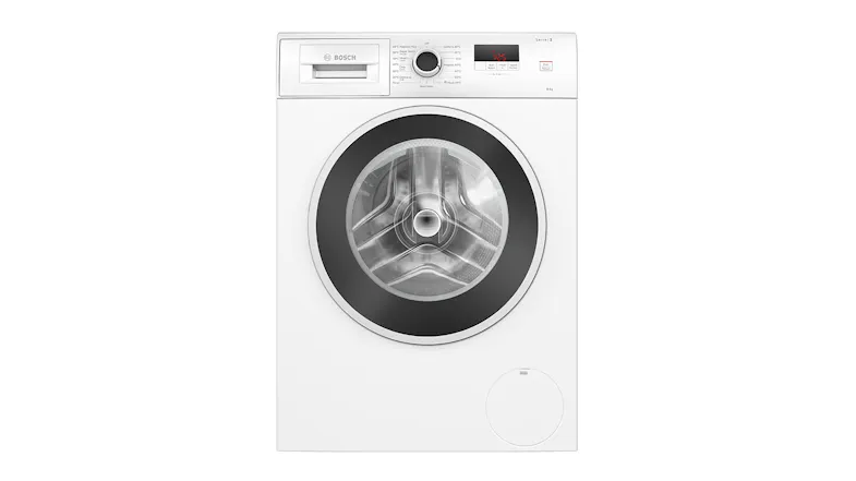 A Bosch 8kg Front Loader Washing Machine in a vibrant white finish A Bosch 8kg Front Loader Washing Machine in a vibrant white finish