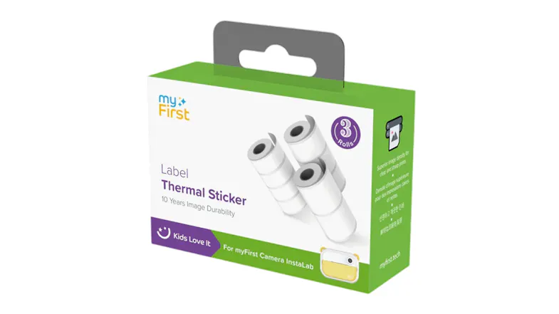 Package for a 3-roll pack of Label Thermal Sticker paper for the myFirst Camera InstaLab Package for a 3-roll pack of Label Thermal Sticker paper for the myFirst Camera InstaLab