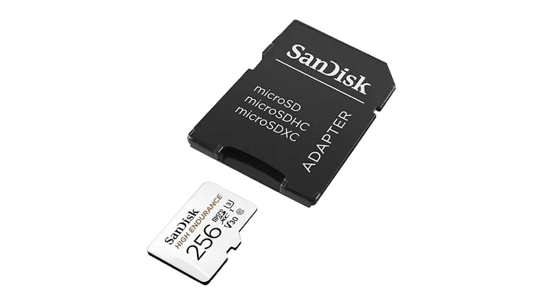Overhead view of a white 256GB SanDisk microSD card and a black SD adapter Overhead view of a white 256GB SanDisk microSD card and a black SD adapter