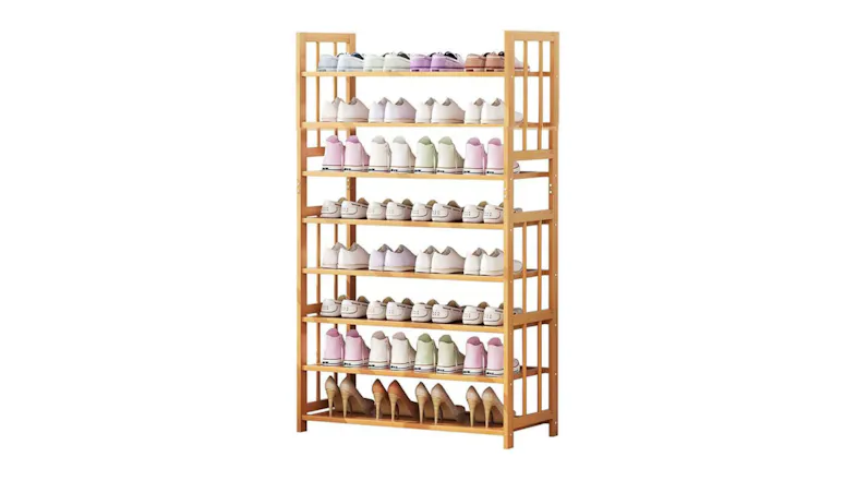 Eight-tier bamboo shoe rack filled with various shoes, including sneakers and heels Eight-tier bamboo shoe rack filled with various shoes, including sneakers and heels