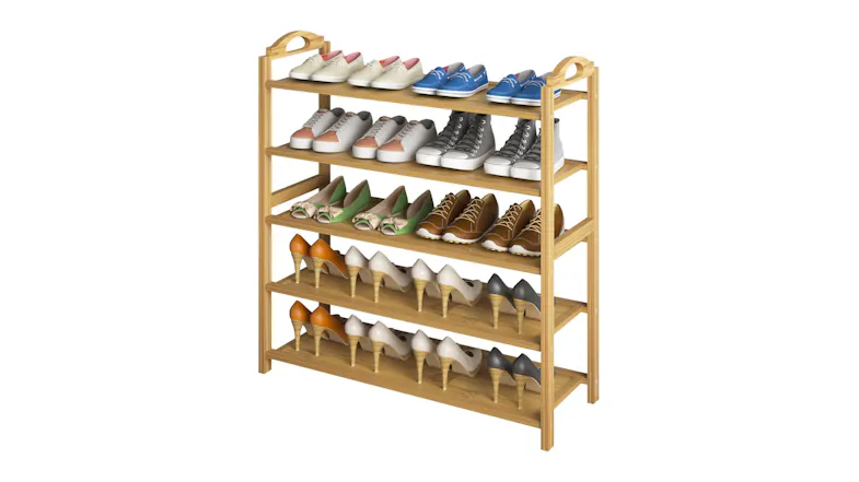 A bamboo shoe rack neatly arranged with sneakers, flats, and high heels for organised home storage A bamboo shoe rack neatly arranged with sneakers, flats, and high heels for organised home storage