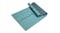Teal yoga mat with alignment lines, partially rolled, featuring a textured non-slip surface Teal yoga mat with alignment lines, partially rolled, featuring a textured non-slip surface