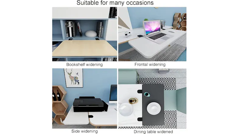 Four examples showing desk extender tray used on bookshelf, desk, side table, and dining table Four examples showing desk extender tray used on bookshelf, desk, side table, and dining table