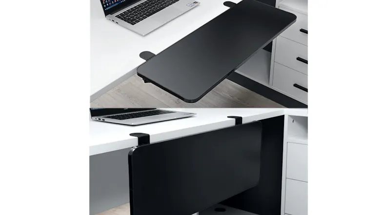 Space-saving black desk extension tray clipped to a white desk, shown in two usage positions Space-saving black desk extension tray clipped to a white desk, shown in two usage positions
