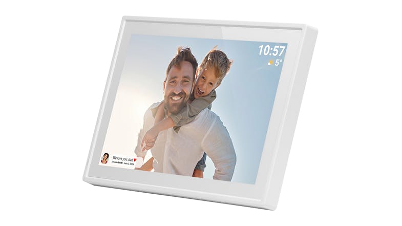 A digital photo frame showing dad with kids outdoors A digital photo frame showing dad with kids outdoors