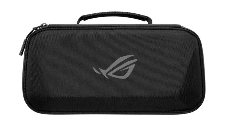 Front view of the black textured ROG gaming travel case with a carry handle Front view of the black textured ROG gaming travel case with a carry handle