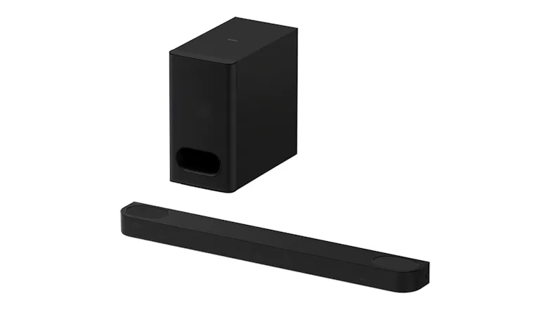 A soundbar and subwoofer with front-facing speaker grills A soundbar and subwoofer with front-facing speaker grills