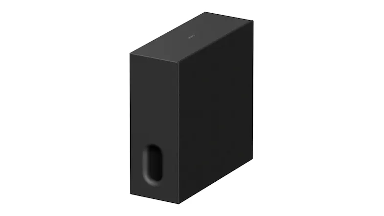 Side view of a wireless subwoofer with oval bass reflex port Side view of a wireless subwoofer with oval bass reflex port