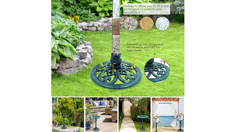 Four views of the antique green bird bath in different garden settings, emphasising its decorative and healthy garden benefits Four views of the antique green bird bath in different garden settings, emphasising its decorative and healthy garden benefits