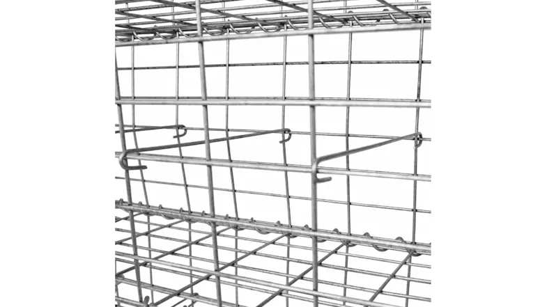 Detailed view of the gabion cage interior with galvanised wire panels and support rods Detailed view of the gabion cage interior with galvanised wire panels and support rods