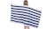 Person holding a large cotton beach towel with blue and white horizontal stripes Person holding a large cotton beach towel with blue and white horizontal stripes