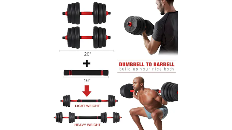 A dumbbell set converting to a barbell with a connector, shown with light and heavy weight options A dumbbell set converting to a barbell with a connector, shown with light and heavy weight options