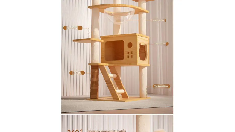 A close-up view of a cat tower’s transparent bowl, hiding nest, and stairs A close-up view of a cat tower’s transparent bowl, hiding nest, and stairs