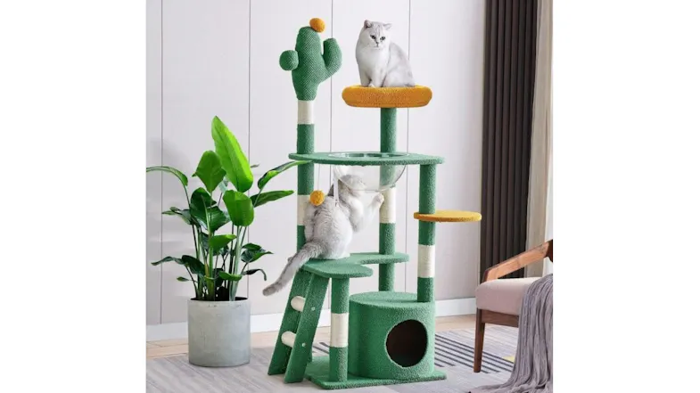 Two cats are enjoying the cat tree in the living room Two cats are enjoying the cat tree in the living room