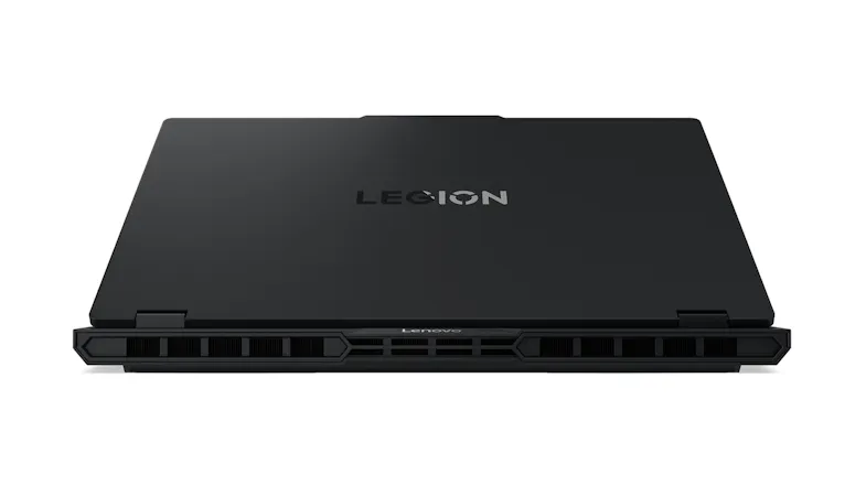 A closed Legion laptop rear with vents and the Lenovo logo A closed Legion laptop rear with vents and the Lenovo logo