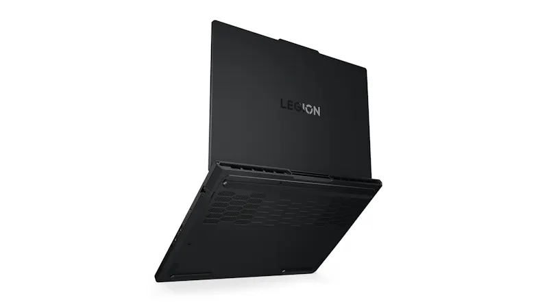 A Lenovo laptop rear side view with exhaust vents and Legion logo A Lenovo laptop rear side view with exhaust vents and Legion logo