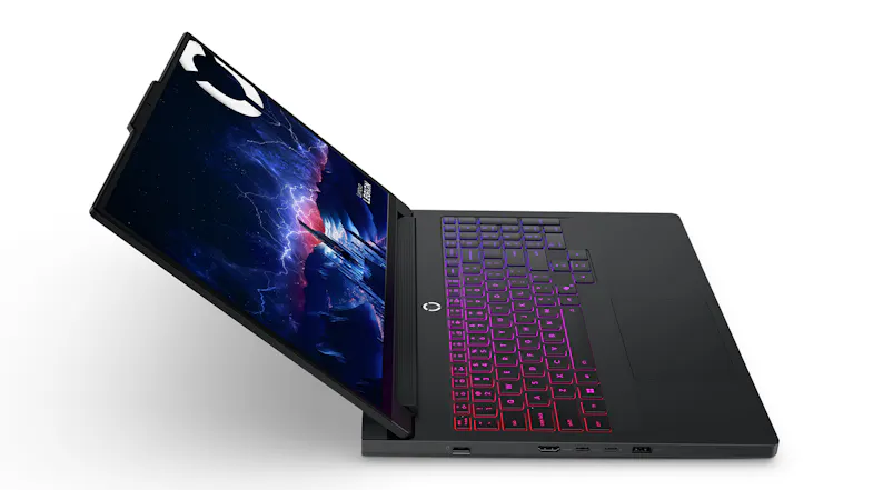 A fully open laptop with lit keys and ports A fully open laptop with lit keys and ports