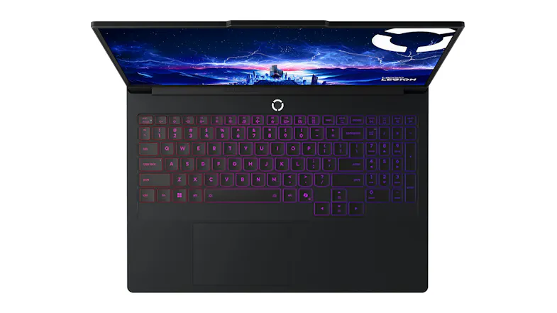 Top-down view of the gaming laptop with full keyboard layout Top-down view of the gaming laptop with full keyboard layout