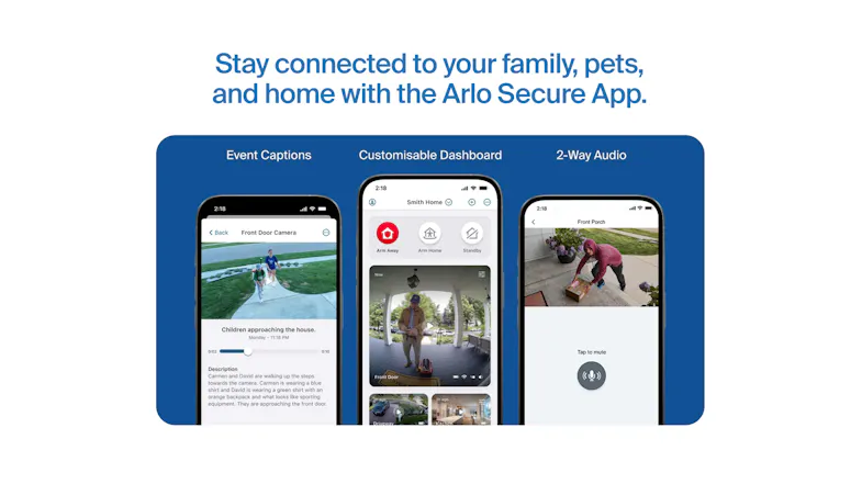 A promo for the Arlo app with phones showing captions, dashboard, and audio A promo for the Arlo app with phones showing captions, dashboard, and audio