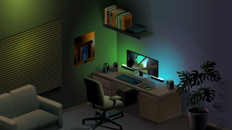 Gaming desk with monitor and keyboard illuminated by green LED lights Gaming desk with monitor and keyboard illuminated by green LED lights