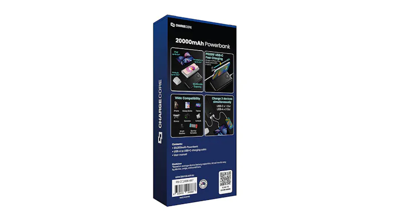 Rear view of the ChargeCore box with fast charging and device icons Rear view of the ChargeCore box with fast charging and device icons