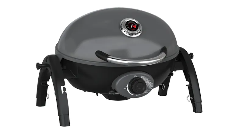 Ziggy Nomad 1 Burner Gas BBQ in gunmetal grey with a domed hood, built-in thermometer, and stainless steel handle Ziggy Nomad 1 Burner Gas BBQ in gunmetal grey with a domed hood, built-in thermometer, and stainless steel handle