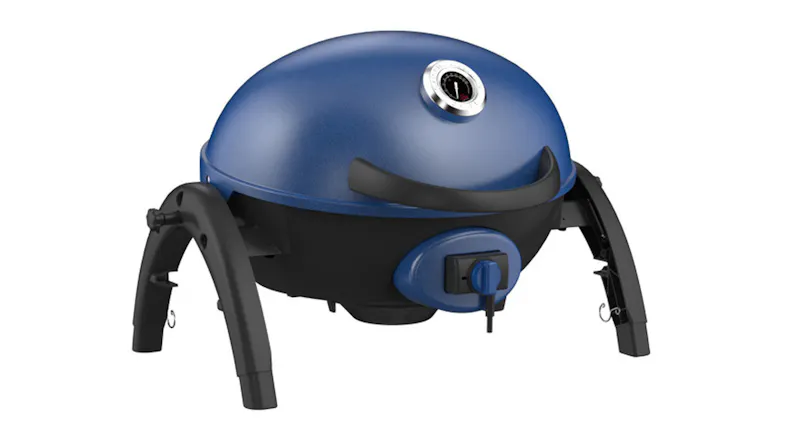 Ziggy Classic 1 Burner Electric BBQ in blue with a domed hood, built-in thermometer, and black legs Ziggy Classic 1 Burner Electric BBQ in blue with a domed hood, built-in thermometer, and black legs