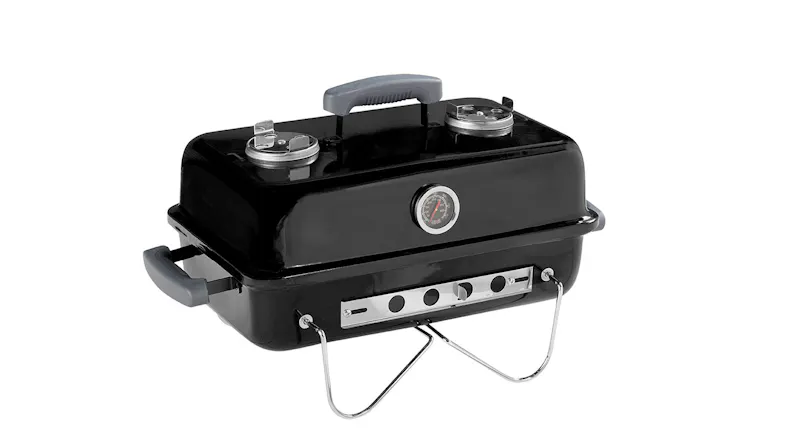 Billabong Portable Charcoal BBQ with black enamel body, top vents, thermometer, foldable metal legs, and handles Billabong Portable Charcoal BBQ with black enamel body, top vents, thermometer, foldable metal legs, and handles
