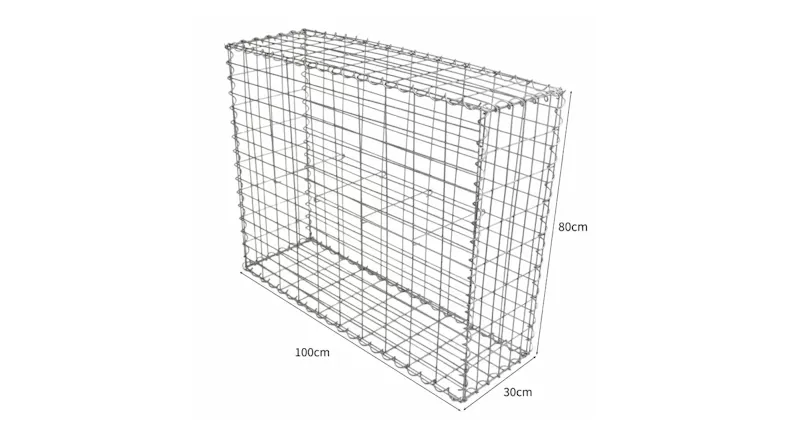 Galvanised wire gabion basket with labelled dimensions: 100cm length, 80cm Height, 30cm width Galvanised wire gabion basket with labelled dimensions: 100cm length, 80cm Height, 30cm width