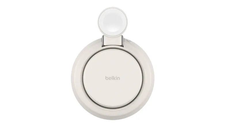 Top-down view of the dock showing Belkin logo on the main charging pad and Apple Watch charger above Top-down view of the dock showing Belkin logo on the main charging pad and Apple Watch charger above
