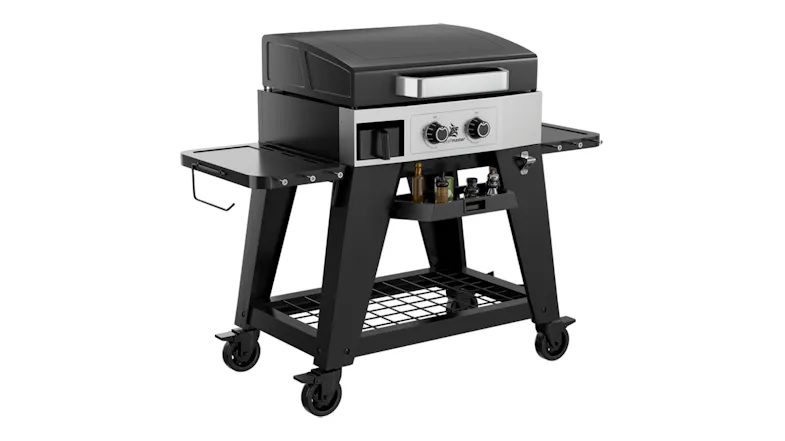 Beefmaster 2 Burner Flat Top BBQ with hood, stainless steel panel, control knobs, side shelves, and condiment rack Beefmaster 2 Burner Flat Top BBQ with hood, stainless steel panel, control knobs, side shelves, and condiment rack